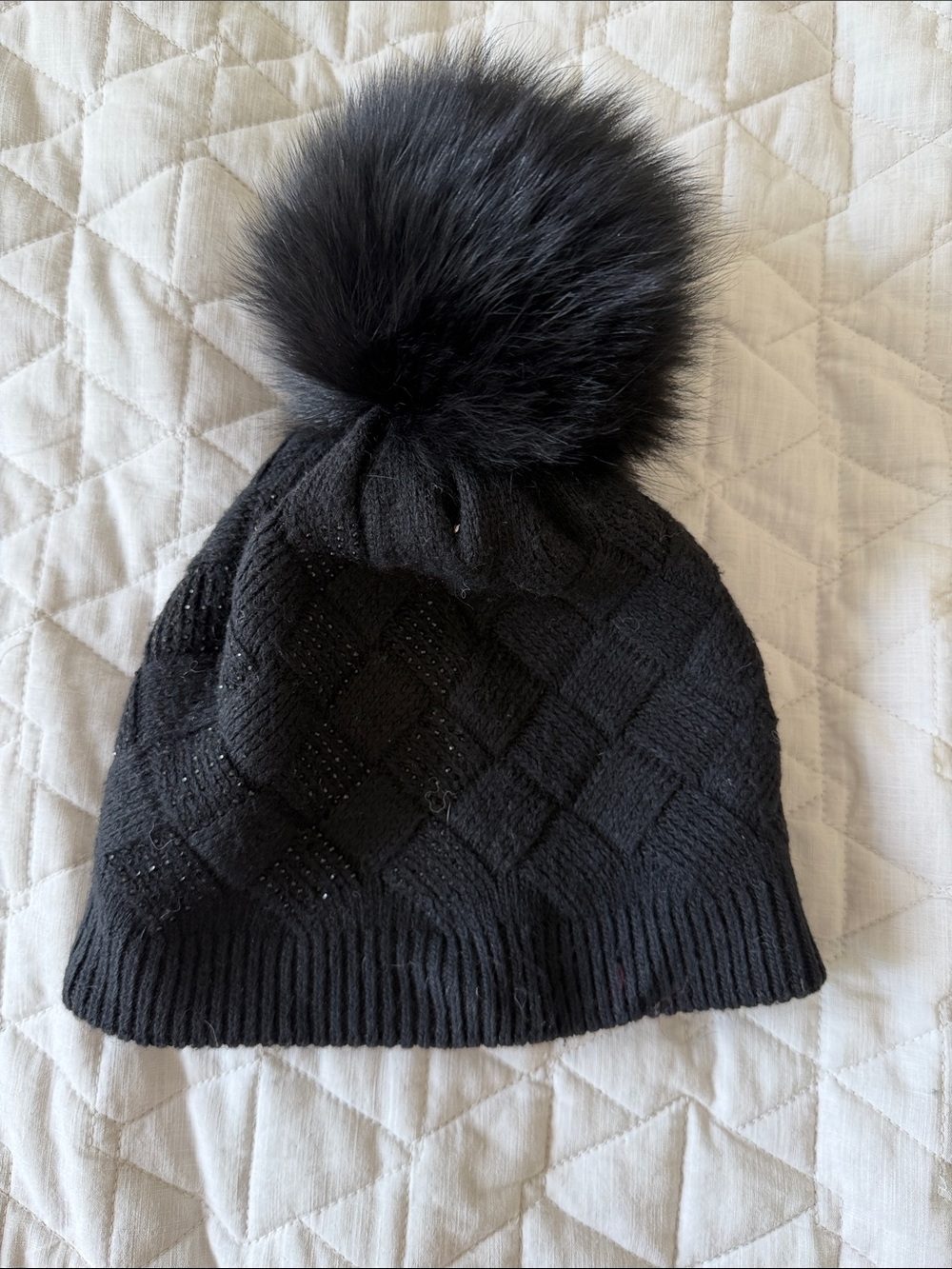 Black Knit Pom Beanie Hat
